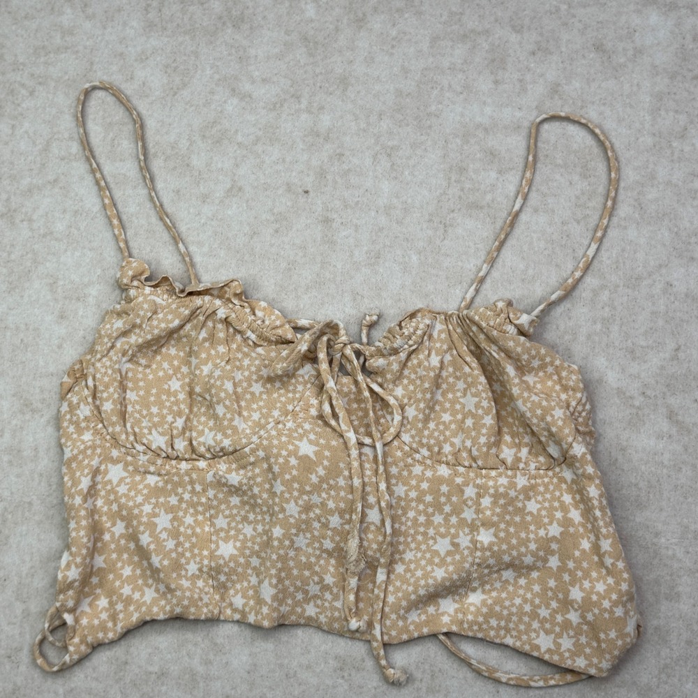 Skylar + Madison‎ Star Print Crop Top Tie Front Cami Summer Casual Beige White M